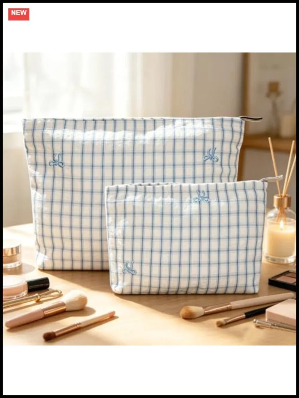2-Piece Canvas Travel Makeup Bag Set Cute Bow Cosmetic Pouch